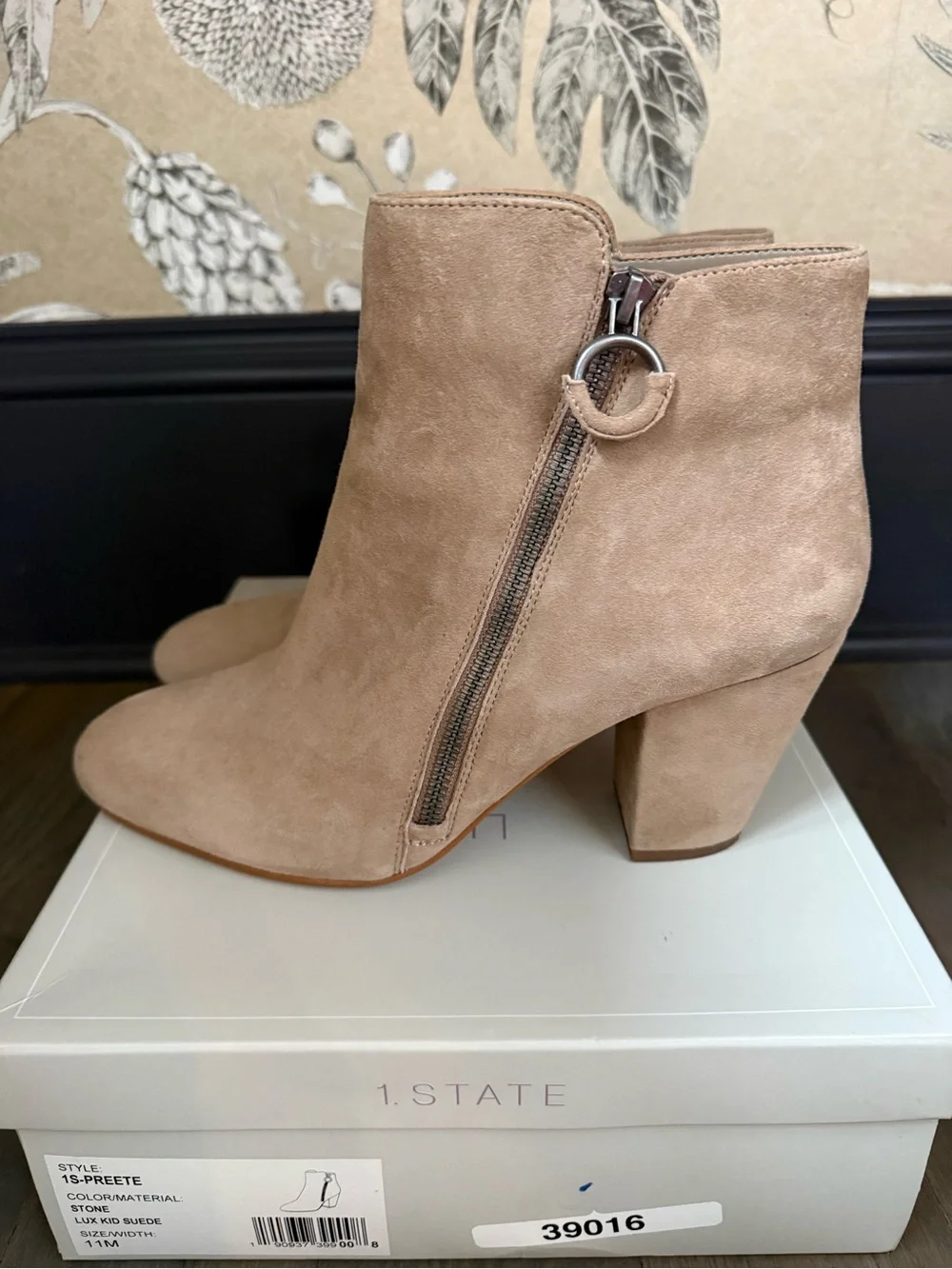 1. State Taupe Suede Ankle Boot with Ring Zip in Stone Size 11